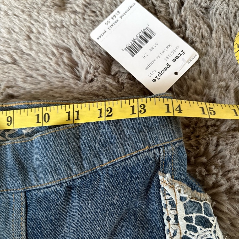 Free People In My‎ Element Kaleidoscope Blue Patchwork Wide-Leg Jeans Lace 26 - Picture 9 of 11